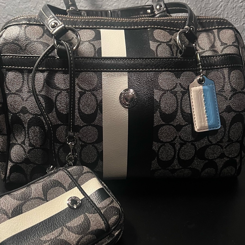 Coach Chelsea Heritage Black and White Striped Satchel plus matching Pouch!